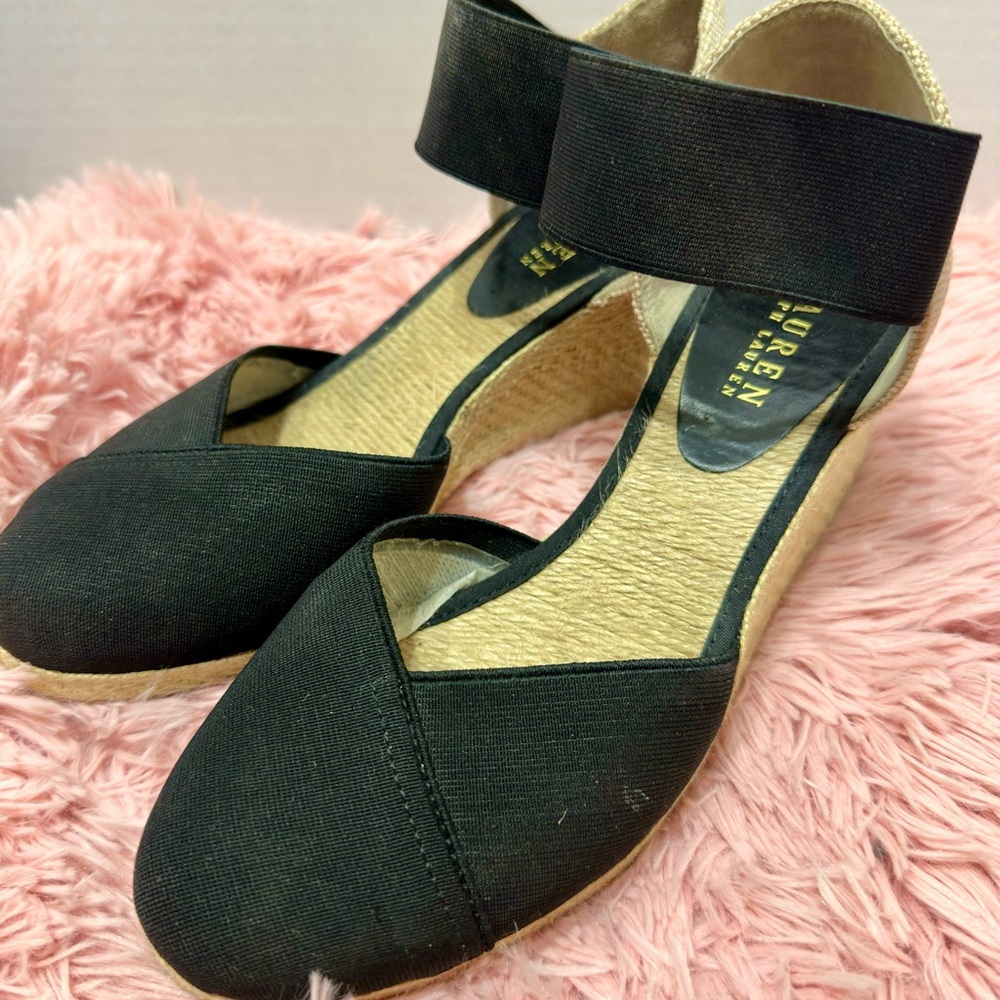 LAUREN Ralph Lauren Charla Espadrille Wedge Sandals Black & Tan Womens Size 9B